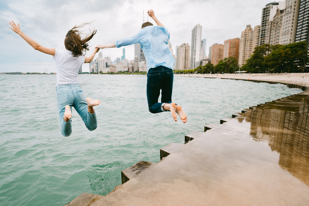 North Avenue jump in the lake engagement true color photography t-shirt & jeans