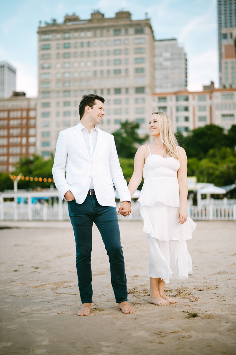 summer oak street beach engagement true color photographer white dress style